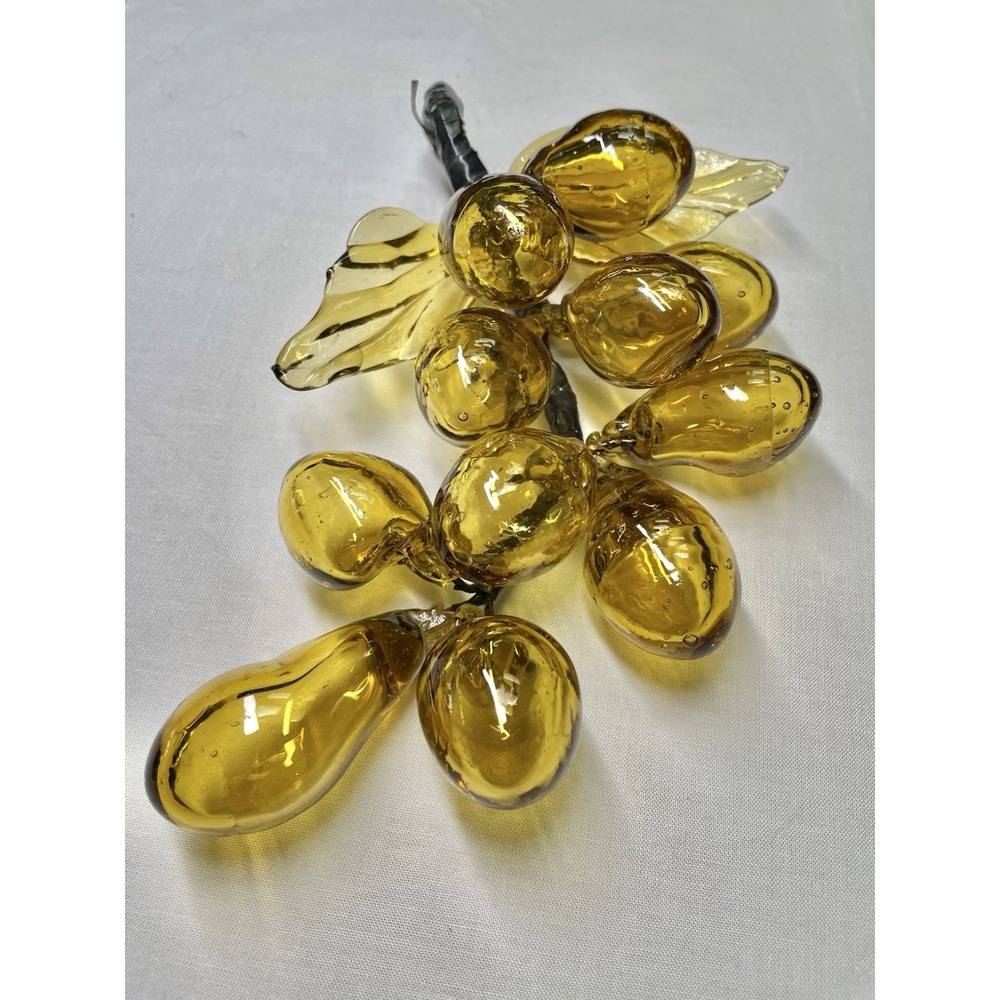 Vintage 1960s MCM Amber Hand‎ Blown Glass Grapes (11) & Leaves (2) Cluster.